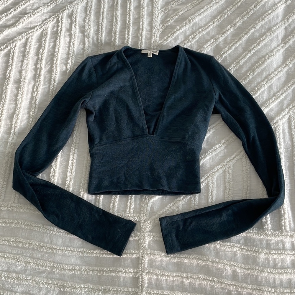 Wilfred Deep V-Neck Cropped Top in Dark Teal - Picture 2 of 7